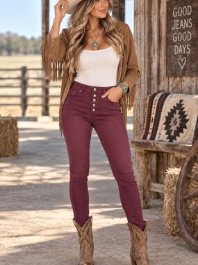 Kancan burgundy High Rise Skinny Crop Jeans Cowgirl Western Boho